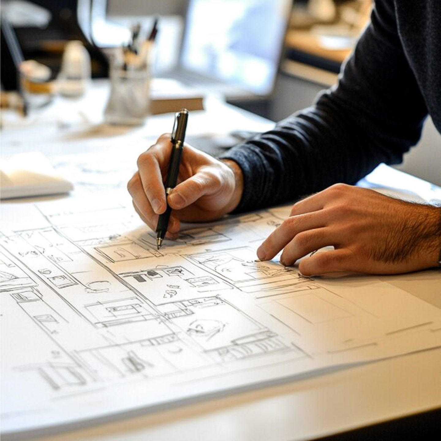 Architect's hand drawing technical floor plan