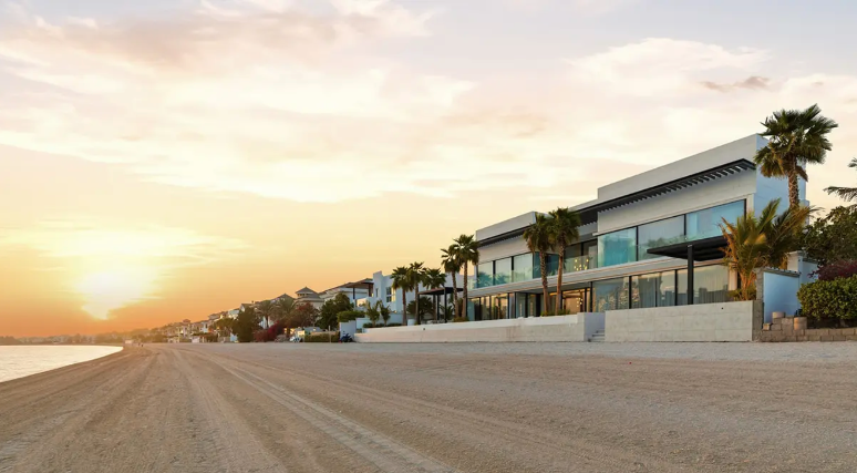 Architectural detail of a waterfront villa showing exterior edge conditions and material junctions